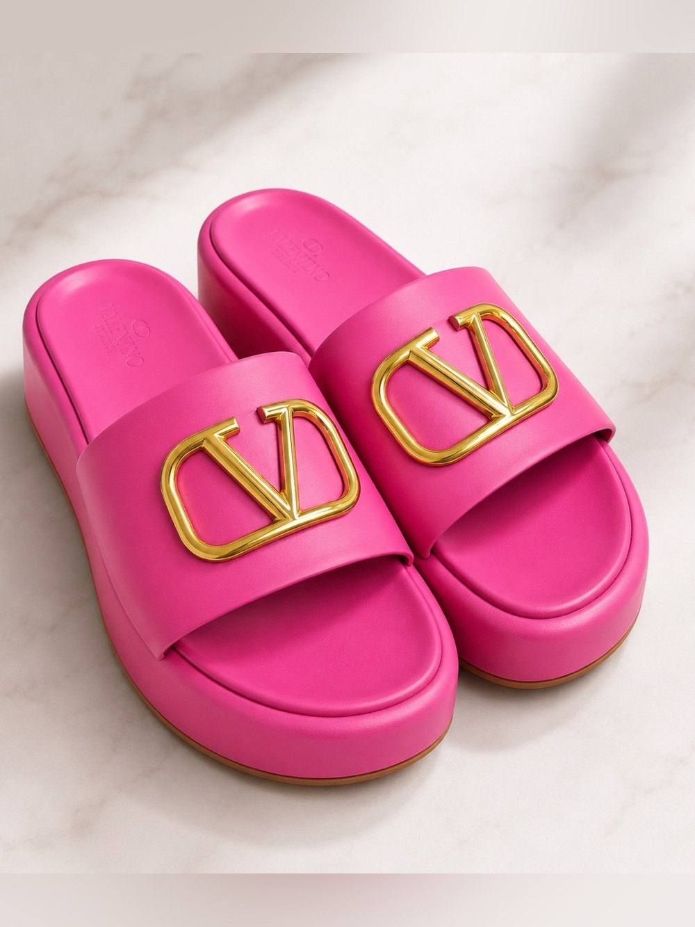 Valentino Garavani Golden VLogo Signature Platform Slide Sandals Pink Gold EU 4